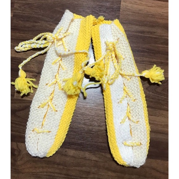 Yellow White Knit Slippers Socks Sz 6 7 Small Lace Up - Picture 1 of 3